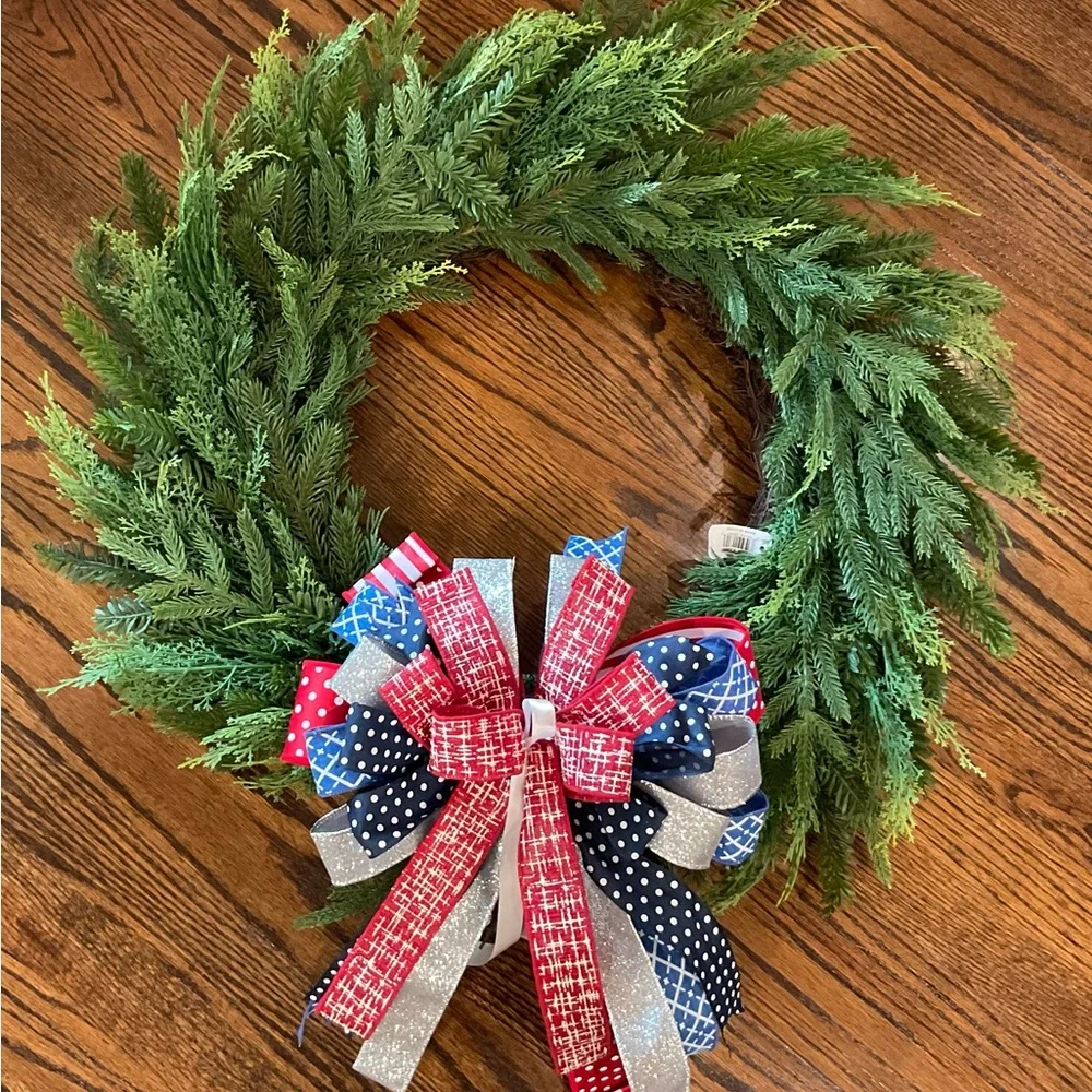 Patriotic Green Holiday Wreath with Red, Blue and Silver Bow